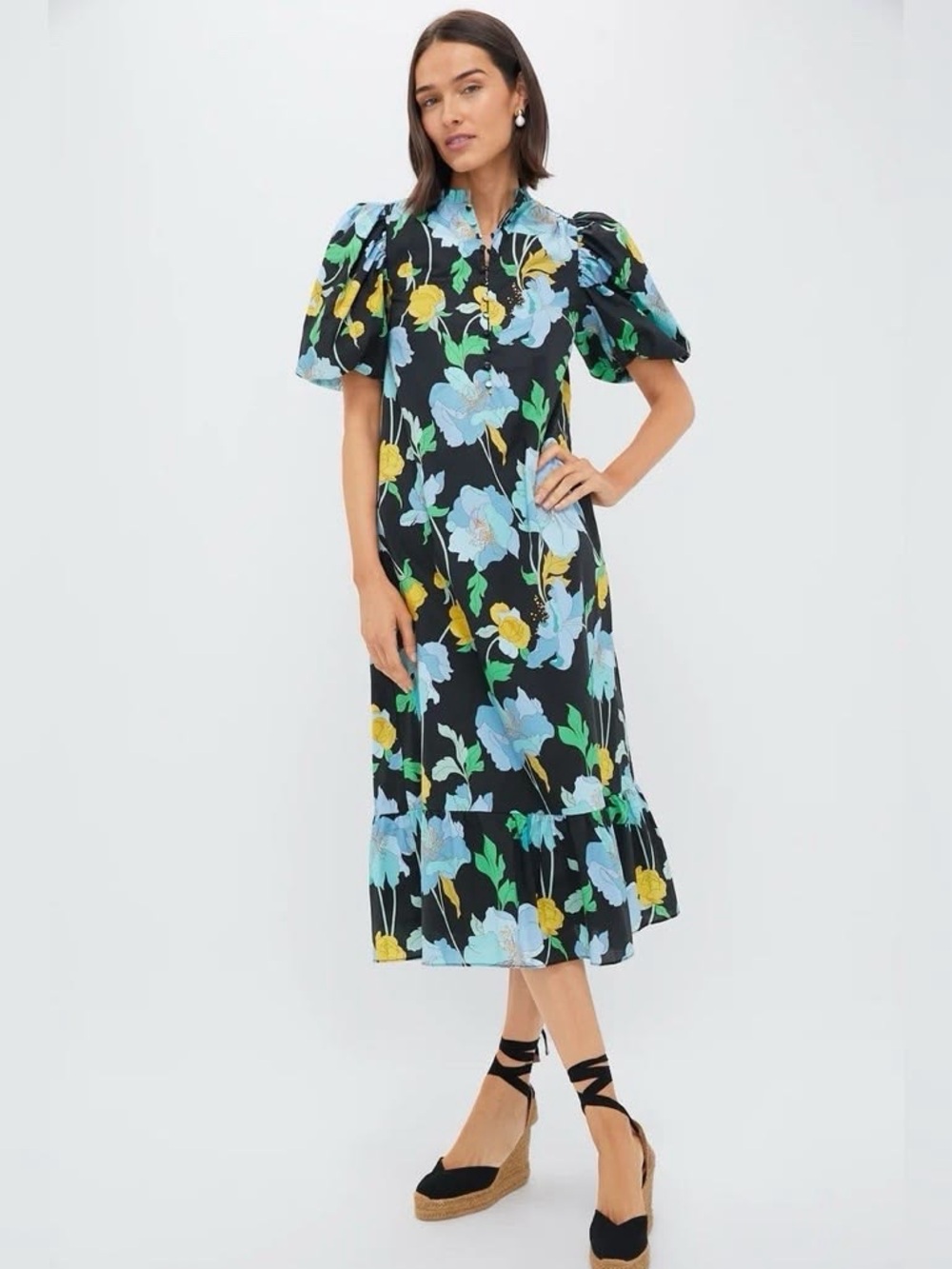 Tuckernuck Black Midi Dress with Blue & Yellow Floral